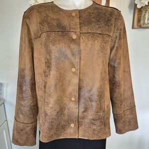 Chico's Brown Faux Suede Snap Front Collarless Jacket